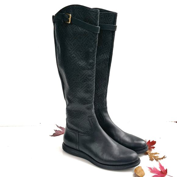 Cole Haan Grand.OS Black Textured Leather Tall Riding Boots | Classic Equestrian - Picture 2 of 16